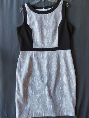 Calvin Klein Black and White Snake-Print Midi Sheath Dress